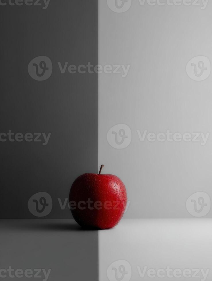 Grayscale Composition Featuring a Singular Red Apple in a Minimalist Setting With a Stark Contrast, Highlighting the Apples Vibrant Color Against Muted Tones photo