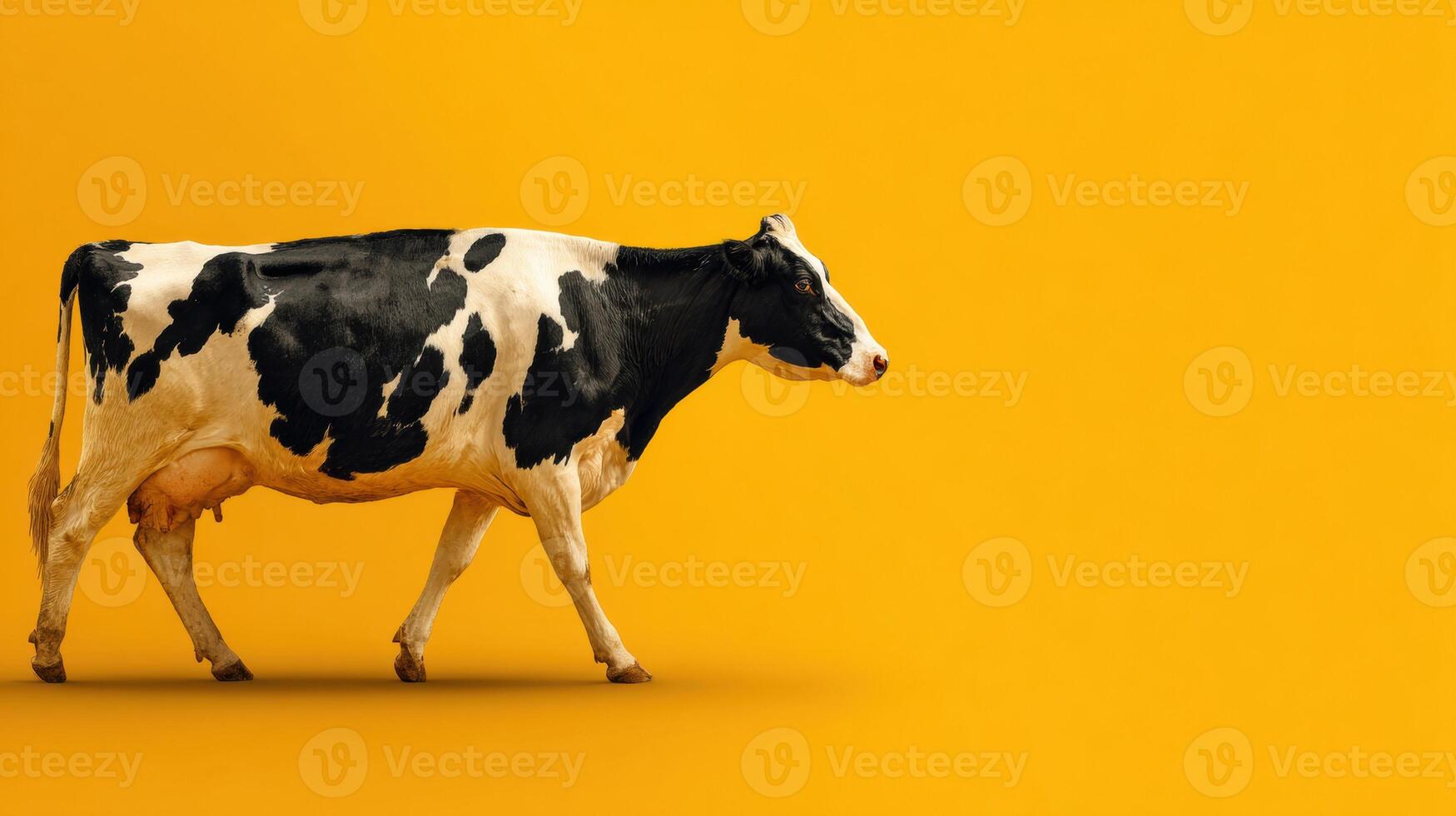 Cow Walks Gracefully in Side View Against a Vibrant Yellow and Cream Background Showcasing a Bright and Cheerful Setting photo
