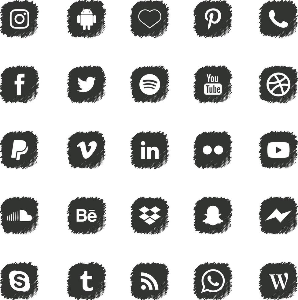25 Scribbled Black Social Media Icons Pack vector