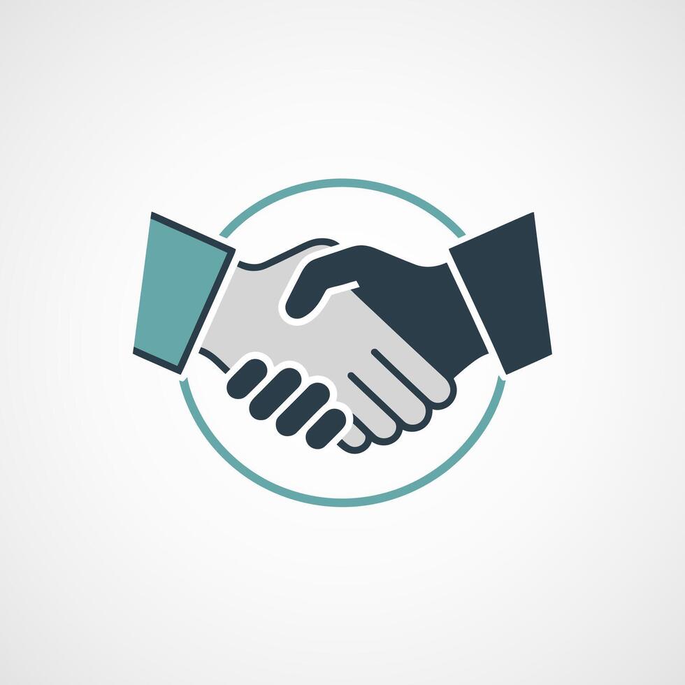 A stylized illustration of two hands shaking symbolizing partnership agreement and trust enclosed within a circular border. vector