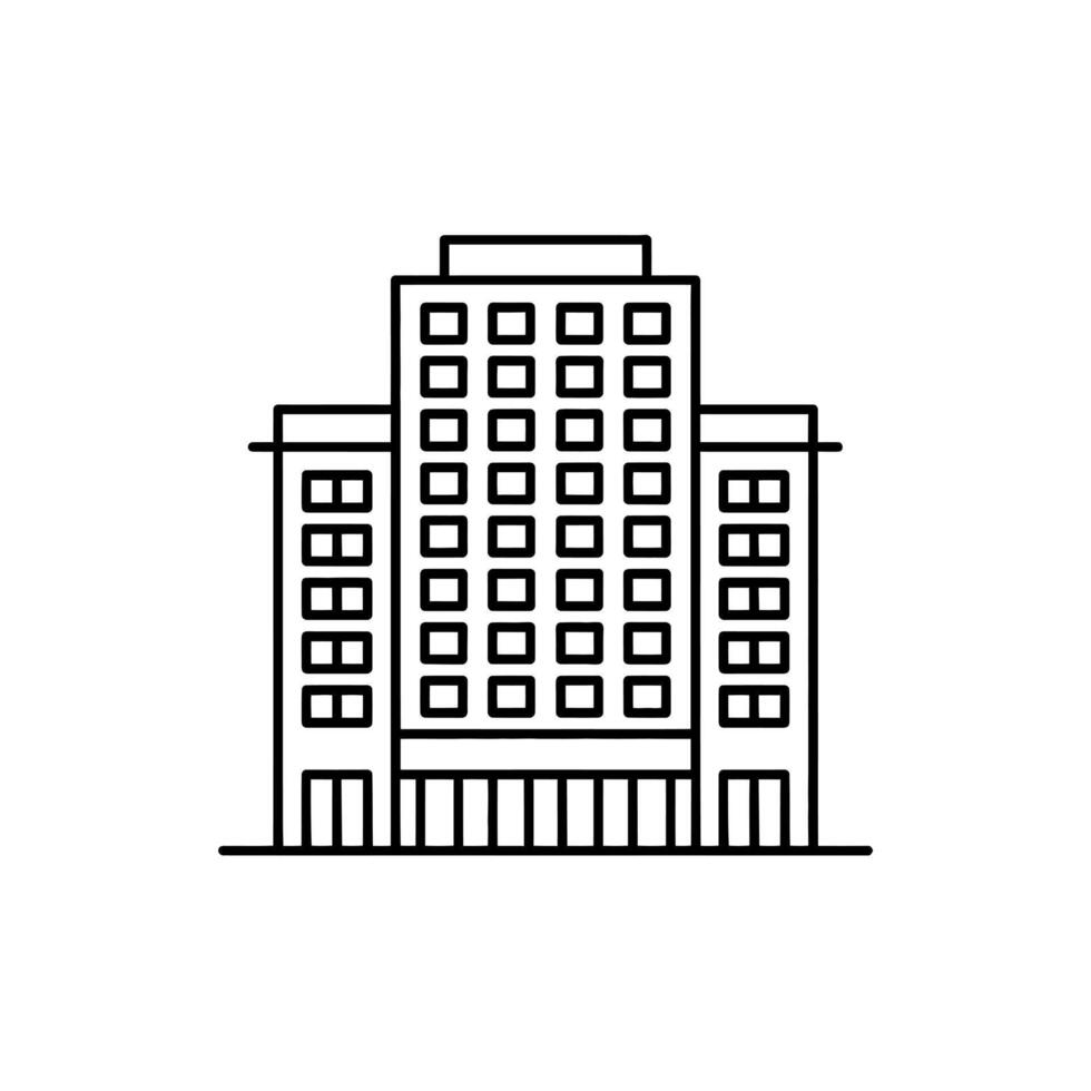 Simple line art illustration of a modern multi story office building with many windows vector