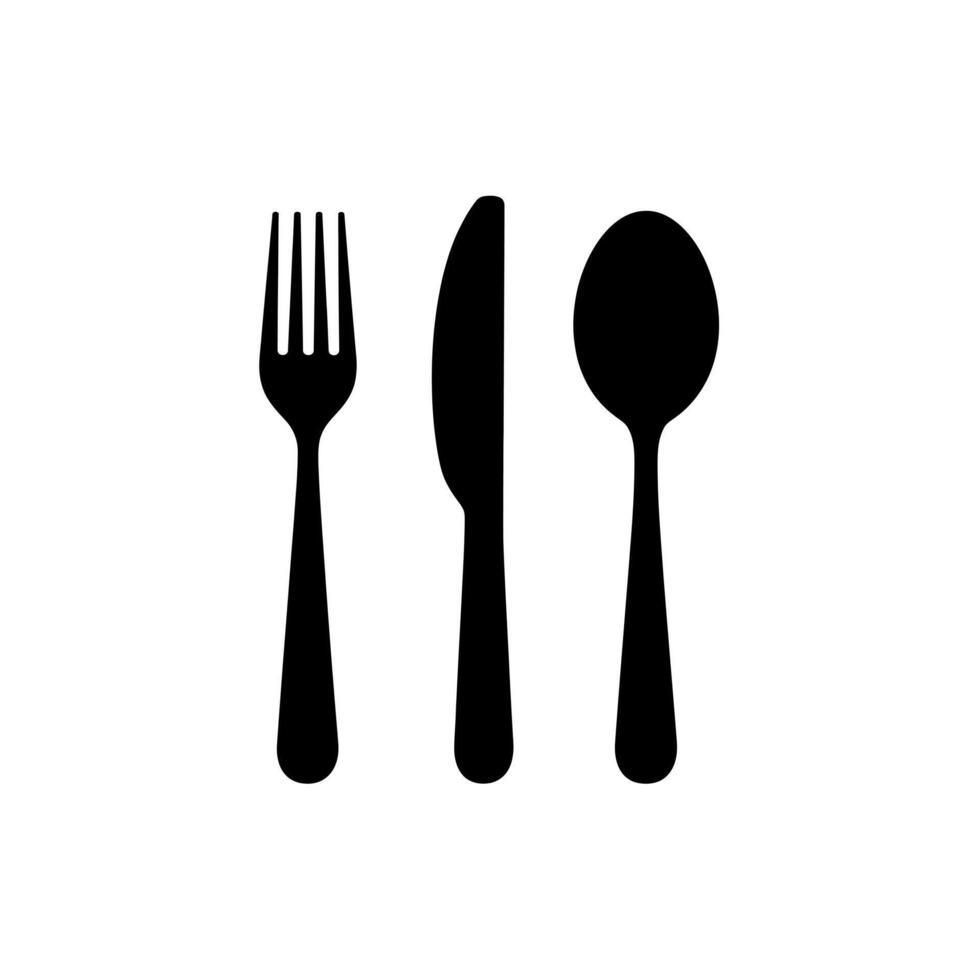 Simple black silhouette of a fork knife and spoon arranged together on a white background vector