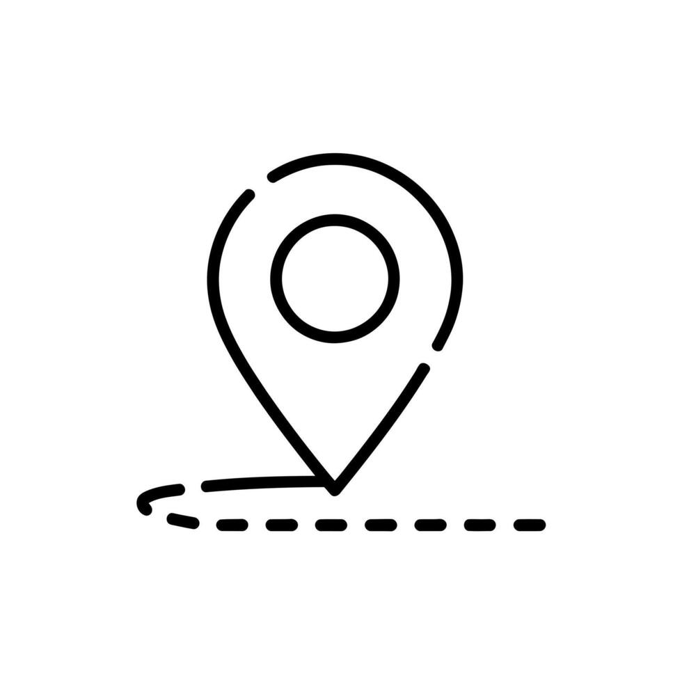 Simple black outline of a location pin marker with a dashed line indicating a path or route vector