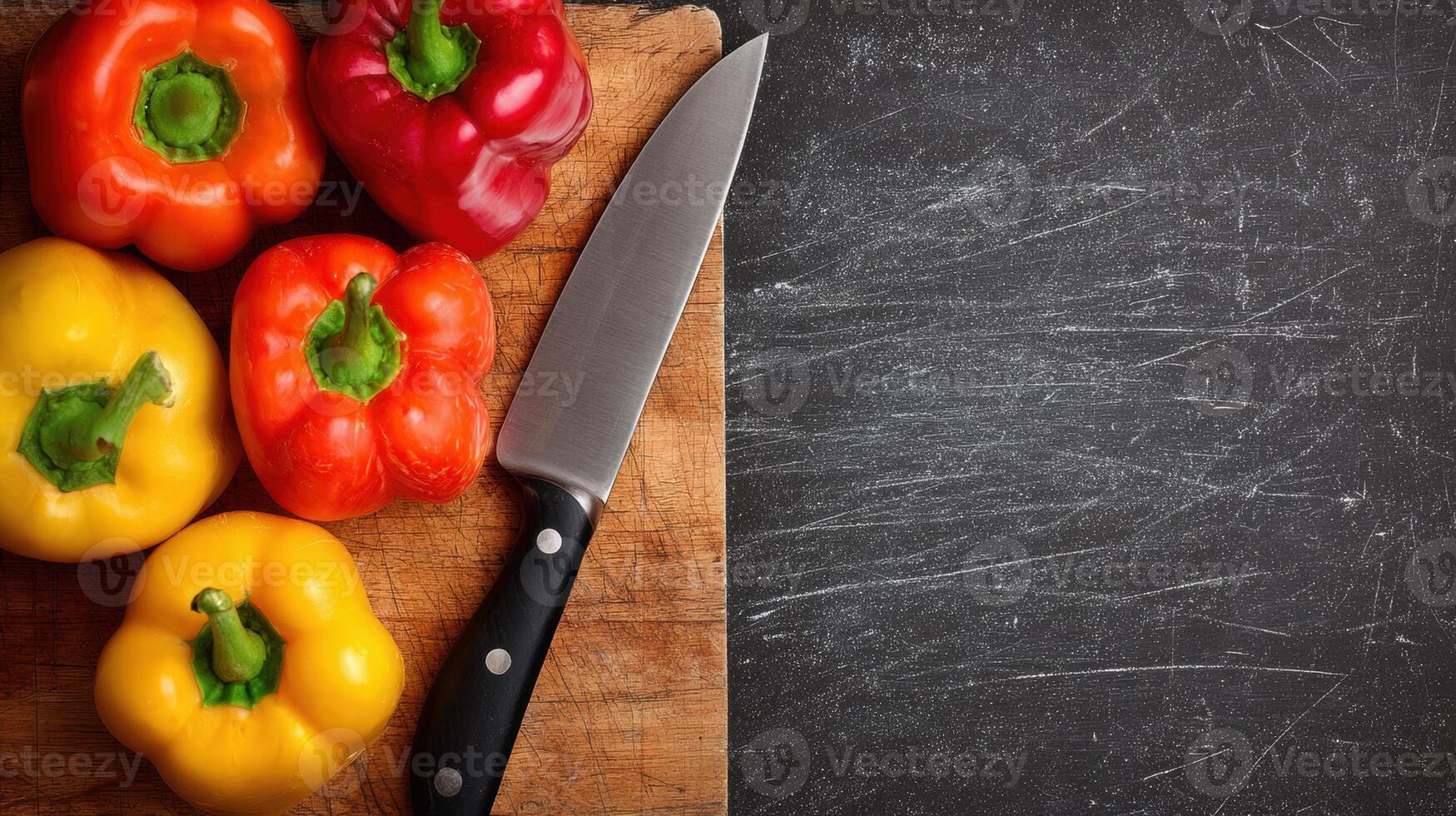 Vibrant Peppers on a Wooden Chopping Board With a Blank Chalkboard in the Background for Notes and Recipes During Meal Preparation photo