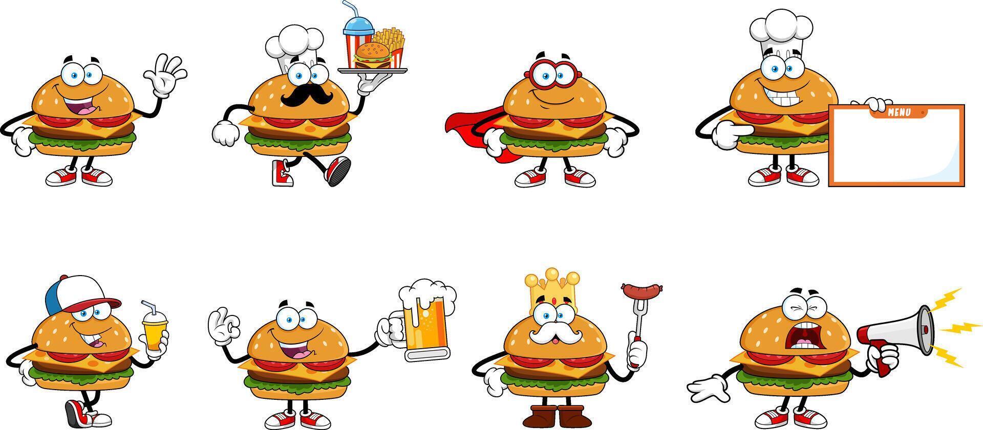 Cartoon hamburger characters in various poses vector