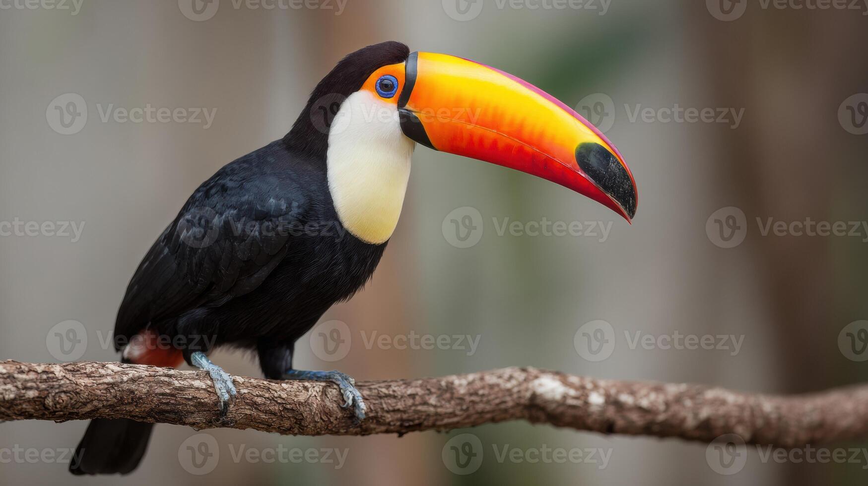 Toco Toucan Perched on a Branch With Vibrant Beak Against a Softly Blurred Natural Background photo