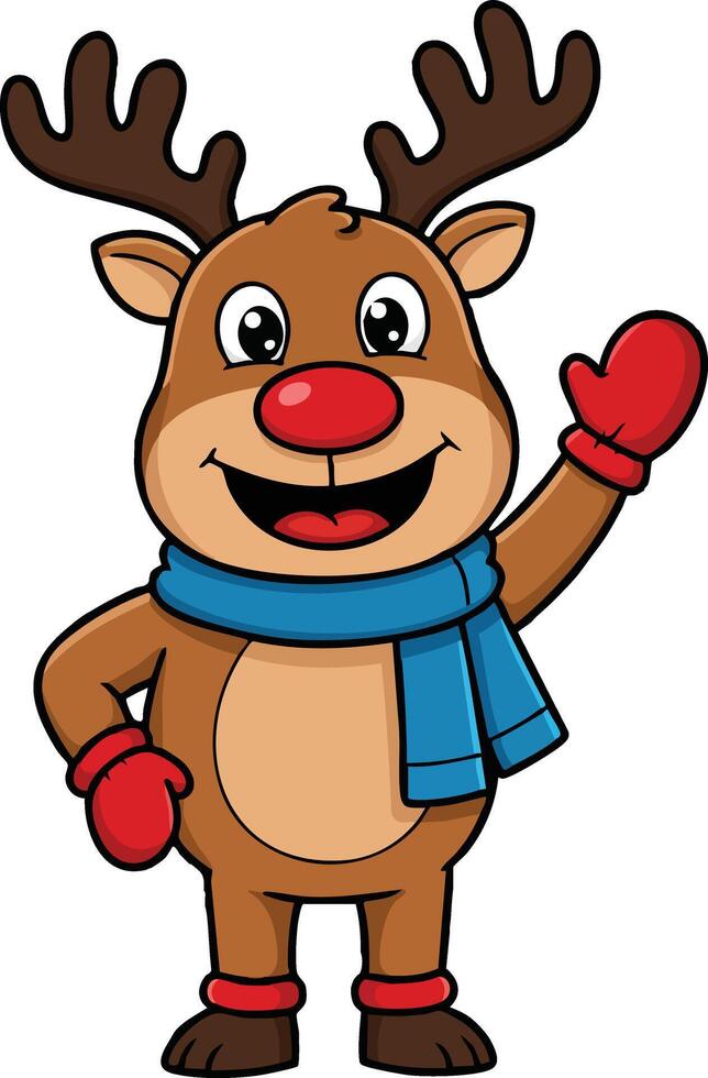Cartoon reindeer wearing blue scarf and red mittens waving hand happy winter character illustration vector