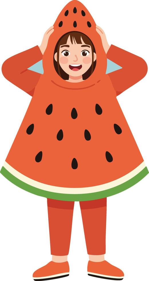 Child wearing watermelon fruit costume happy and playful in bright colors illustration vector