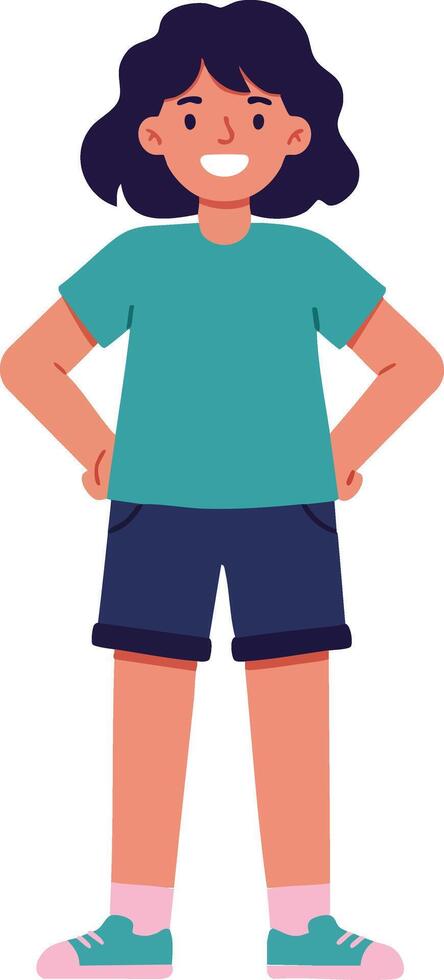 Happy young girl standing with hands on hips wearing teal shirt and navy shorts illustration vector