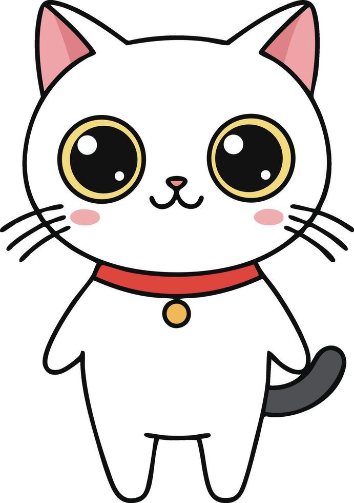 Cute white cat with big eyes and pink ears wearing red collar illustration for pet and animal design vector