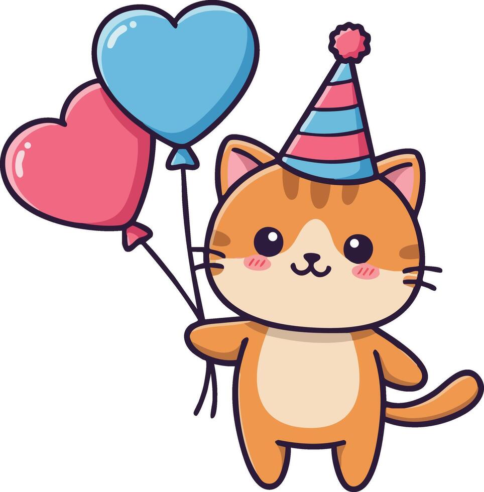 Cute orange cat holding blue and pink heart balloons with party hat birthday celebration illustration vector