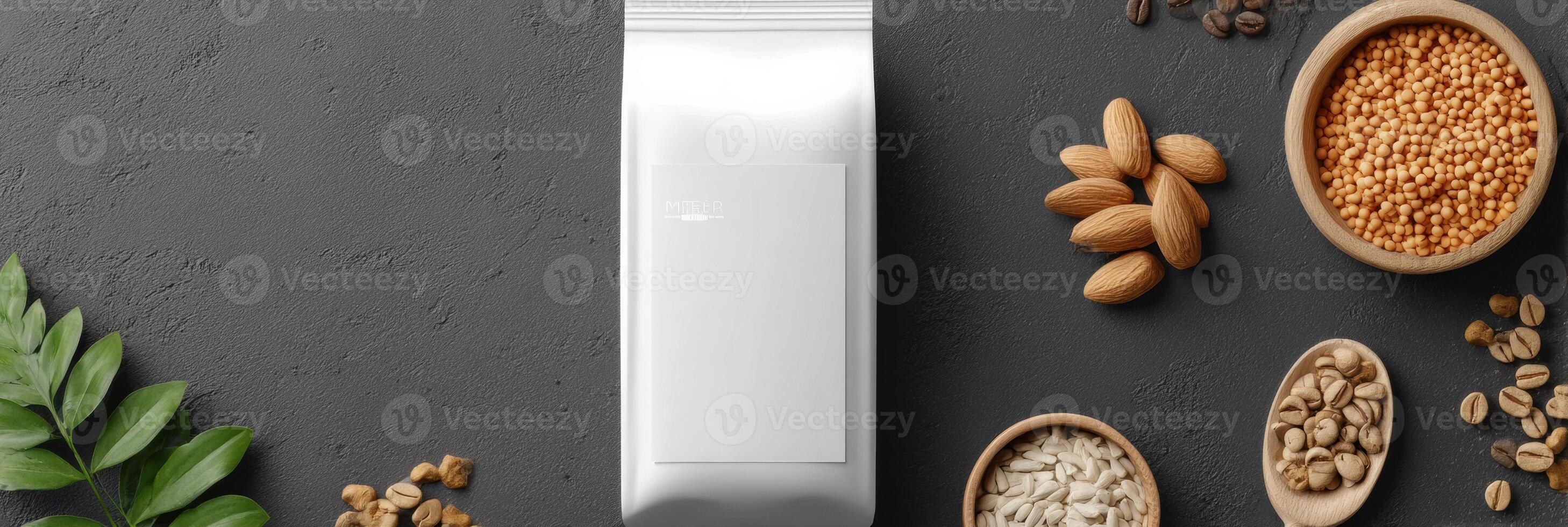 Modern Pet Food Label Mockup With Fresh Ingredients Arranged for Branding on a Stylish Surface photo