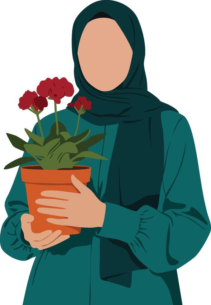 Woman wearing dark teal hijab holding red flower pot plant illustration in simple style vector