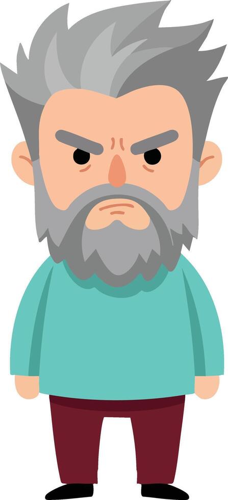 Angry older man with gray hair and beard wearing turquoise sweater and maroon pants illustration vector