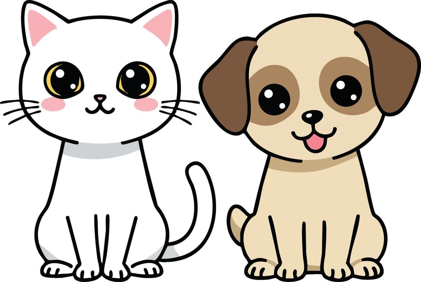Cute cartoon white cat and beige dog sitting side by side with big eyes and friendly expressions illustration vector