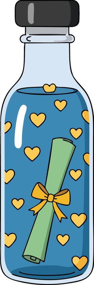 Glass bottle with rolled message and yellow hearts romantic love symbol illustration vector