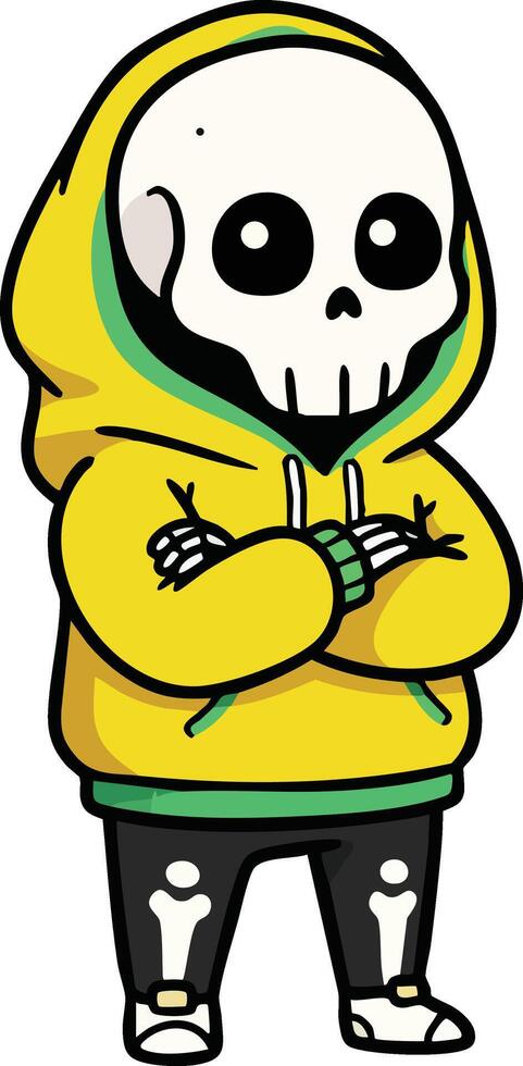 Skeleton character wearing yellow hoodie and black pants with crossed arms illustration vector