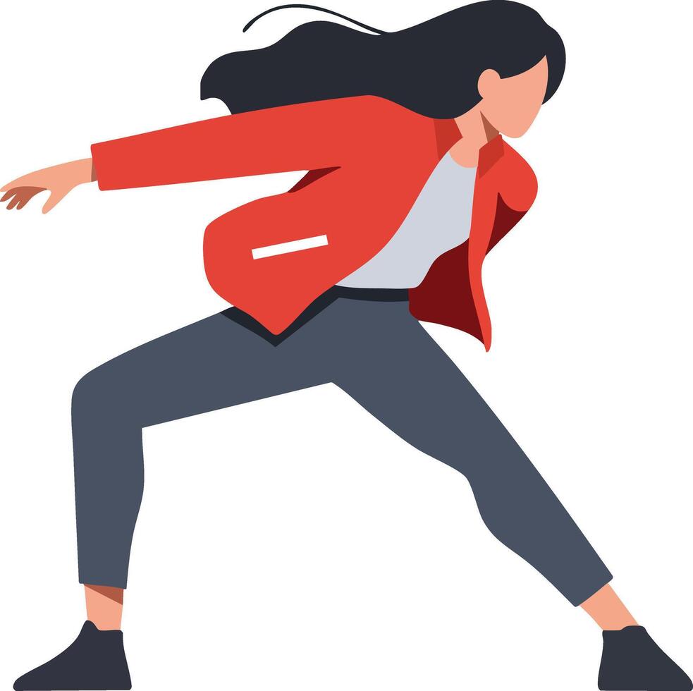 Woman in red jacket performing martial arts pose in dynamic stance illustration vector