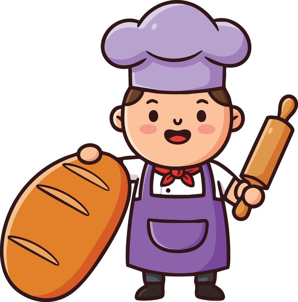 Child baker holding loaf of bread and rolling pin in purple outfit and chef hat illustration vector