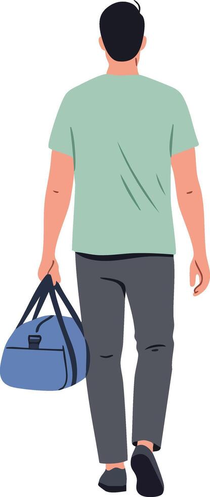 Man walking away carrying blue duffle bag in casual outfit illustration vector
