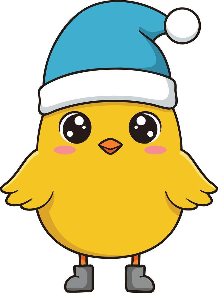 Cute cartoon yellow chick wearing blue Santa hat and gray boots festive holiday character illustration vector