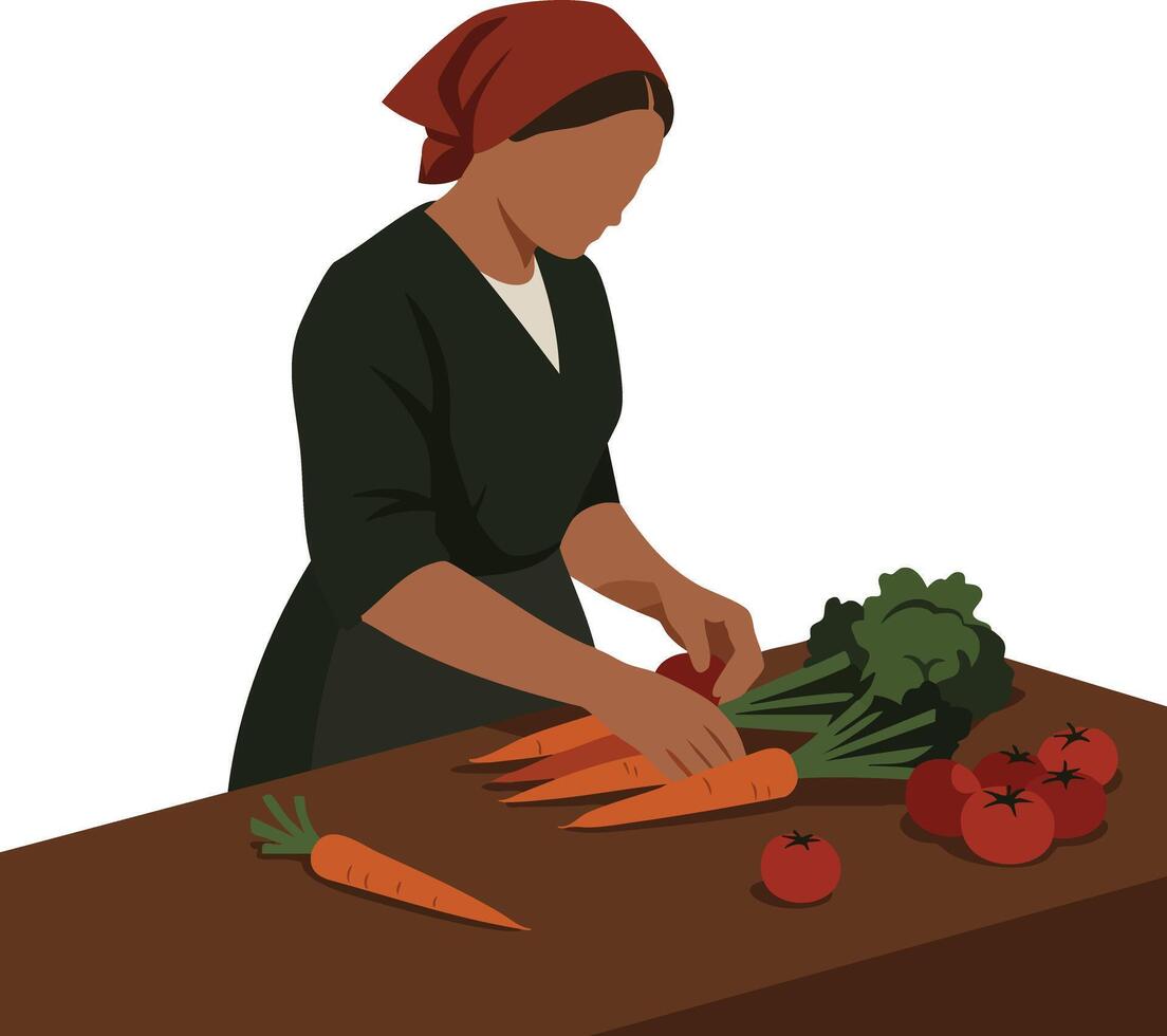 Woman preparing fresh vegetables including carrots and tomatoes on wooden table in simple kitchen scene vector