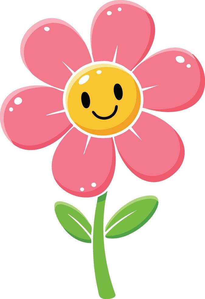 Smiling pink flower with green leaves cheerful illustration for friendly design and decoration purposes vector