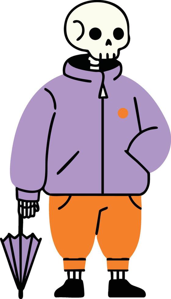 Skeleton character wearing purple jacket and orange pants holding umbrella in casual style illustration vector