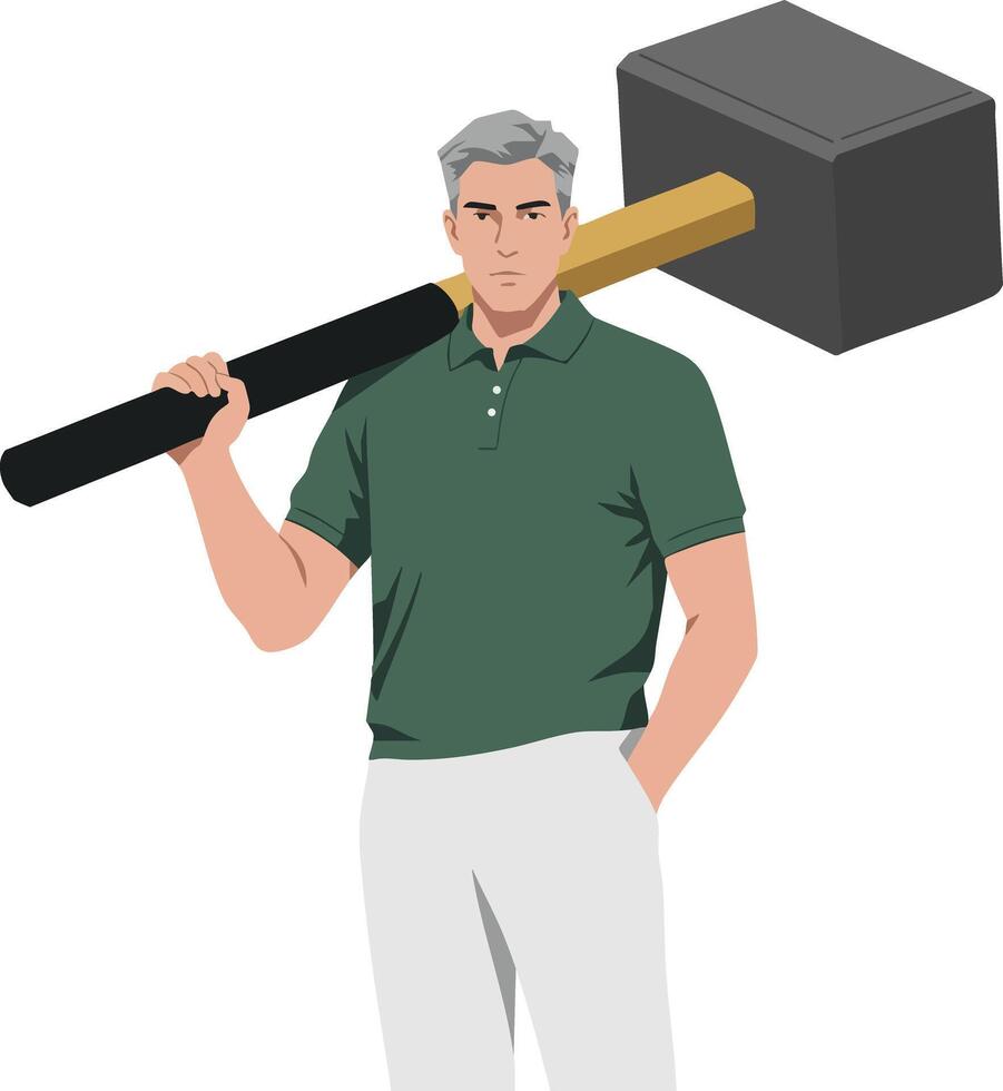 Mature man holding large hammer over shoulder in casual outfit illustration vector