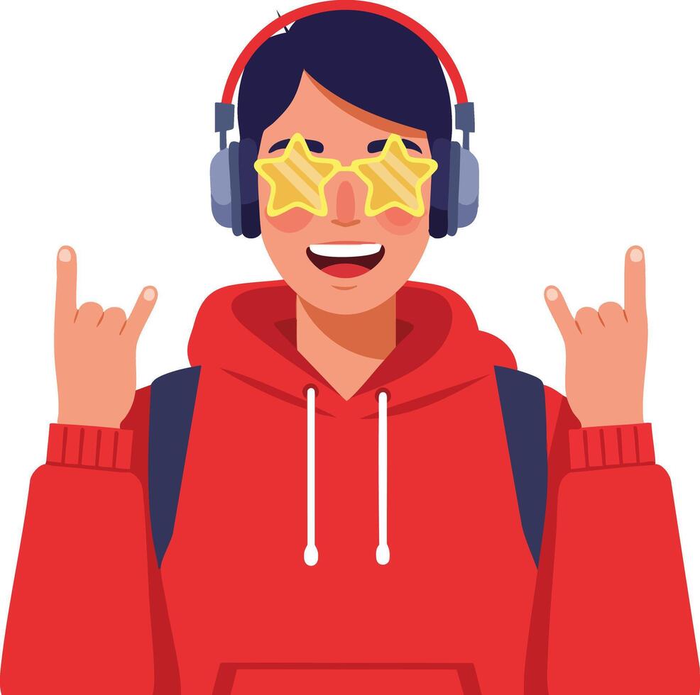 Young person wearing star shaped sunglasses and headphones enjoying music with red hoodie and backpack illustration vector