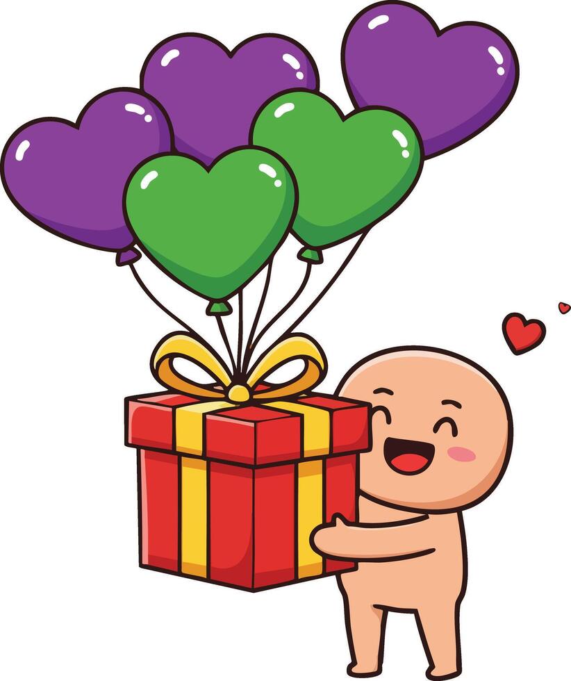 Cute character holding gift box with purple and green heart balloons expressing love and happiness in cartoon style vector