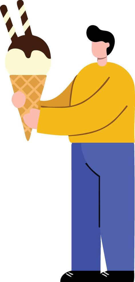 Man holding large ice cream cone with chocolate sticks illustration in simple flat design style vector