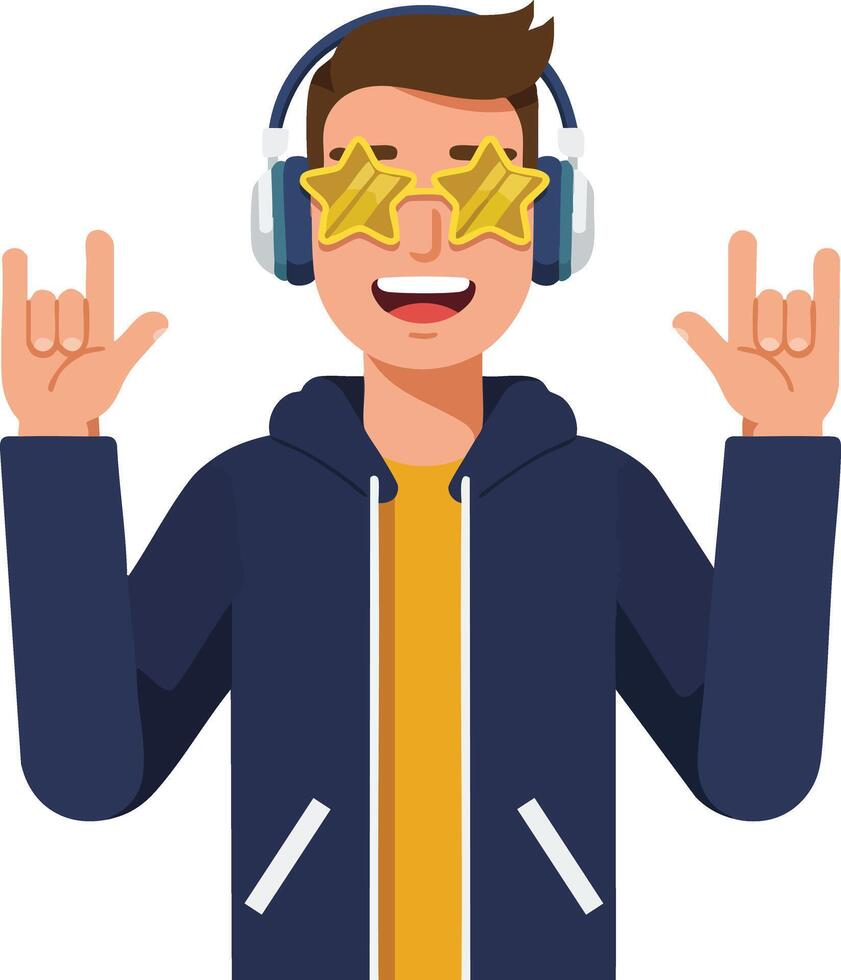 Young man wearing star shaped sunglasses and headphones showing rock hand sign in casual clothes illustration vector