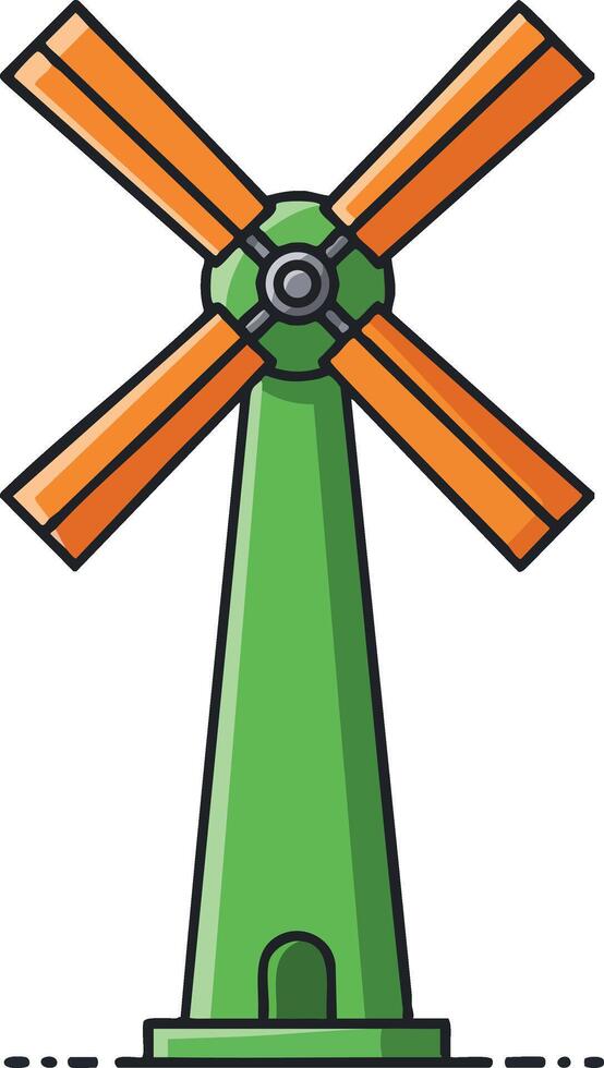 Windmill with green tower and orange blades simple flat design isolated on white background illustration vector