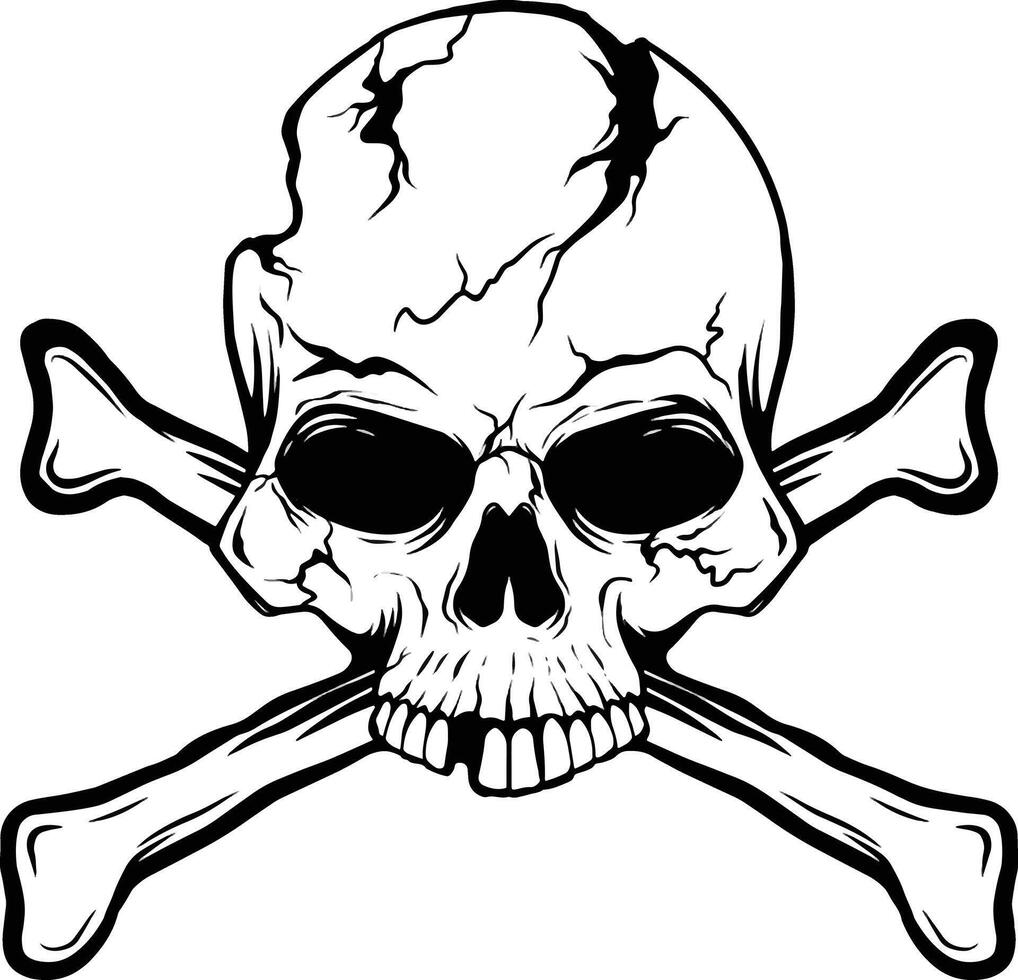 A skull and crossbones with a black and white outline vector