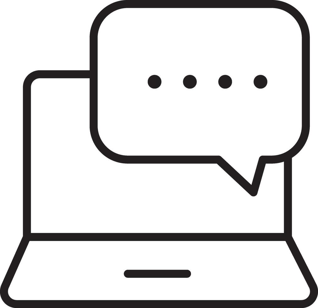 Laptop chat bubble communication technology digital online message icon outline simple modern minimal black white interface web internet device symbol connection conversation computer screen vector