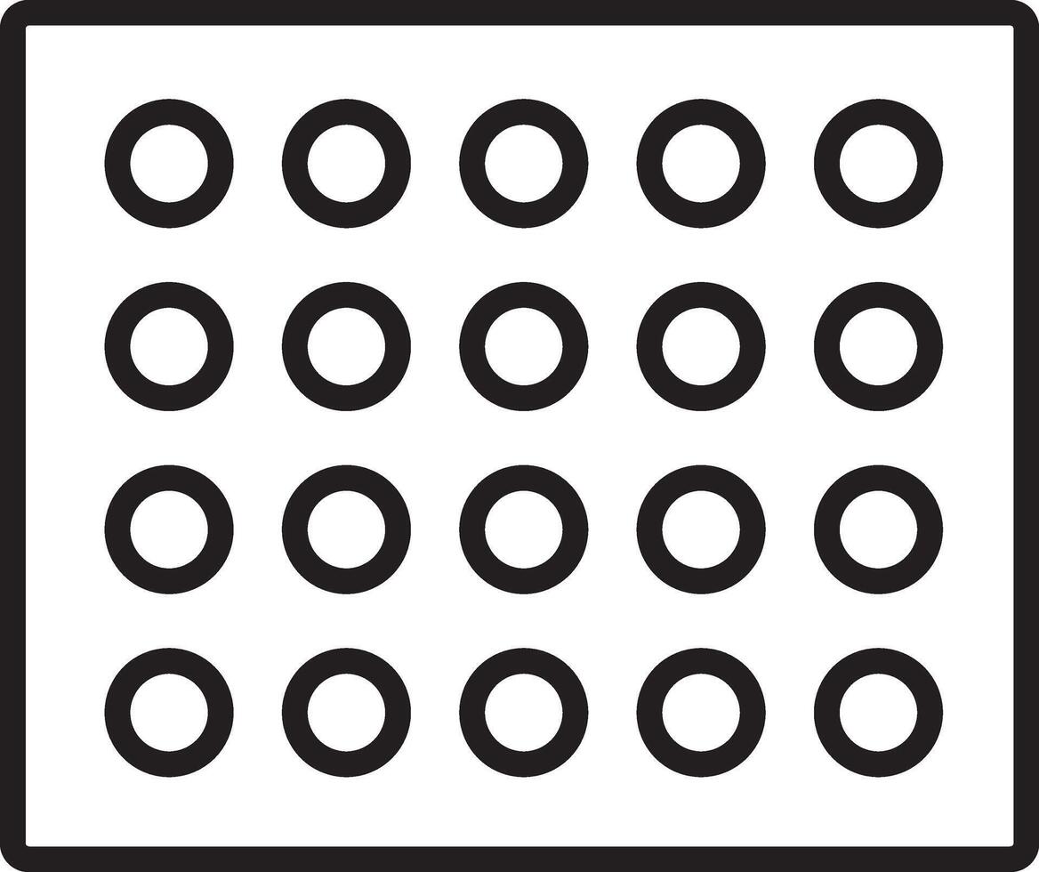 Minimalist black and white icon features rectangular grid of twenty circular holes, evenly spaced, symbolizing perforated surface or ventilation panel vector