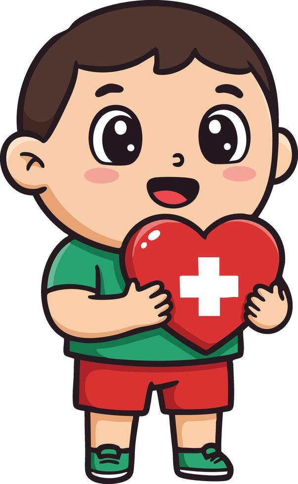 Cute boy holding red heart with white cross symbol of health care and medical support illustration vector