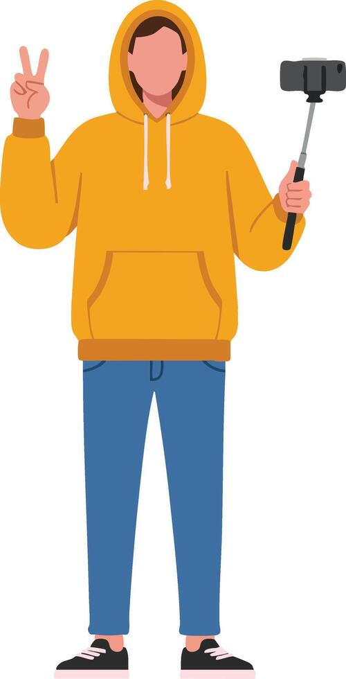Young man in orange hoodie taking selfie with selfie stick showing peace sign casual style illustration vector