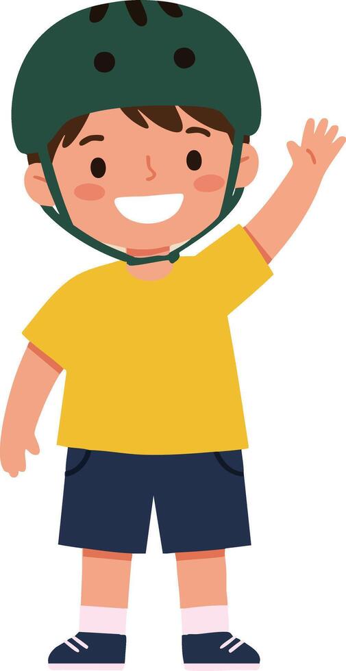 Boy wearing green helmet waving hand in yellow shirt and blue shorts illustration vector