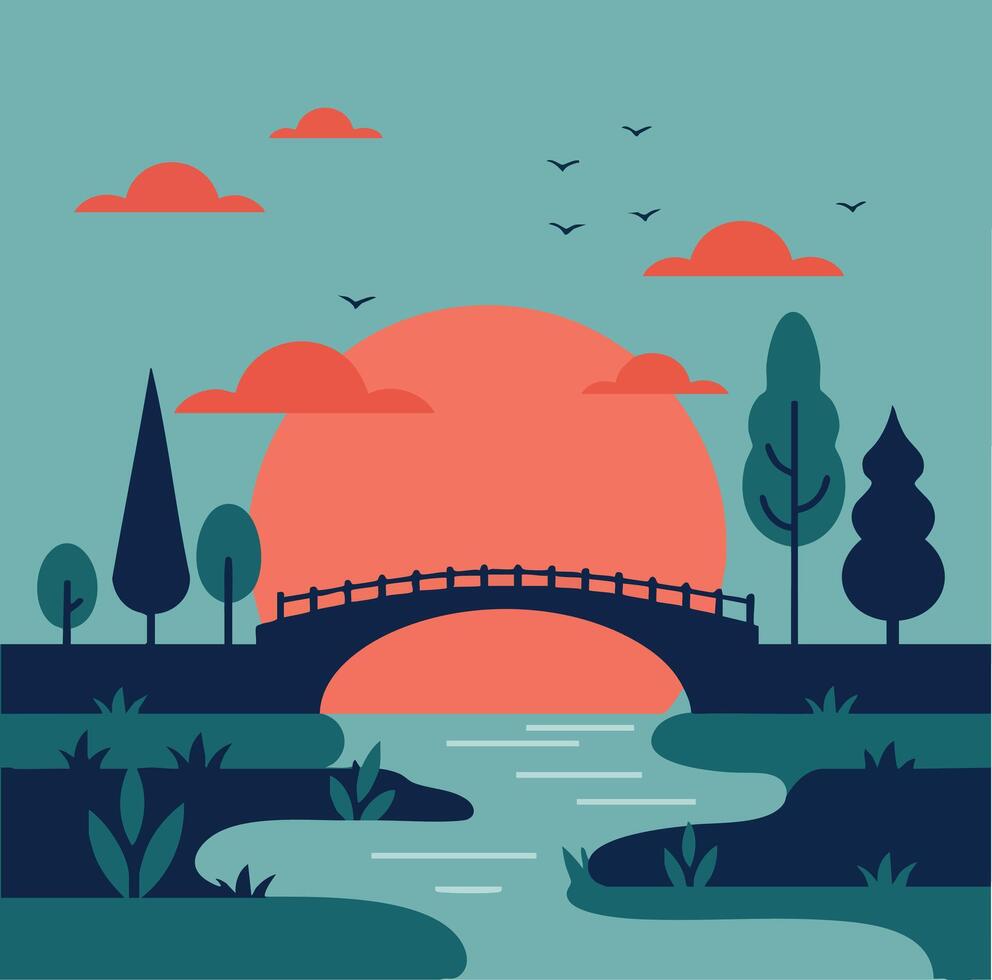 Bridge over river with trees and birds at sunset in serene landscape illustration vector