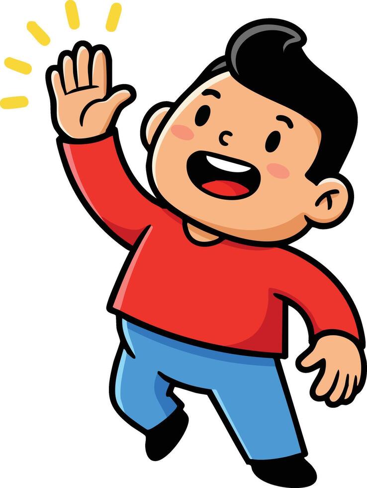 Happy cartoon boy waving hand smiling in red shirt and blue pants illustration vector