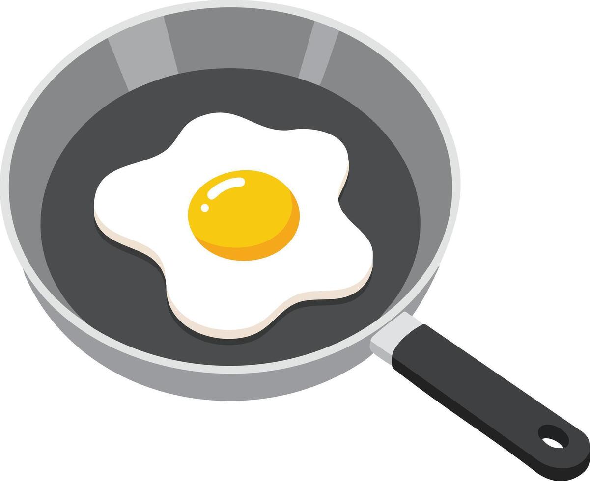 Fried egg cooking in black frying pan with handle simple illustration for breakfast food concept vector