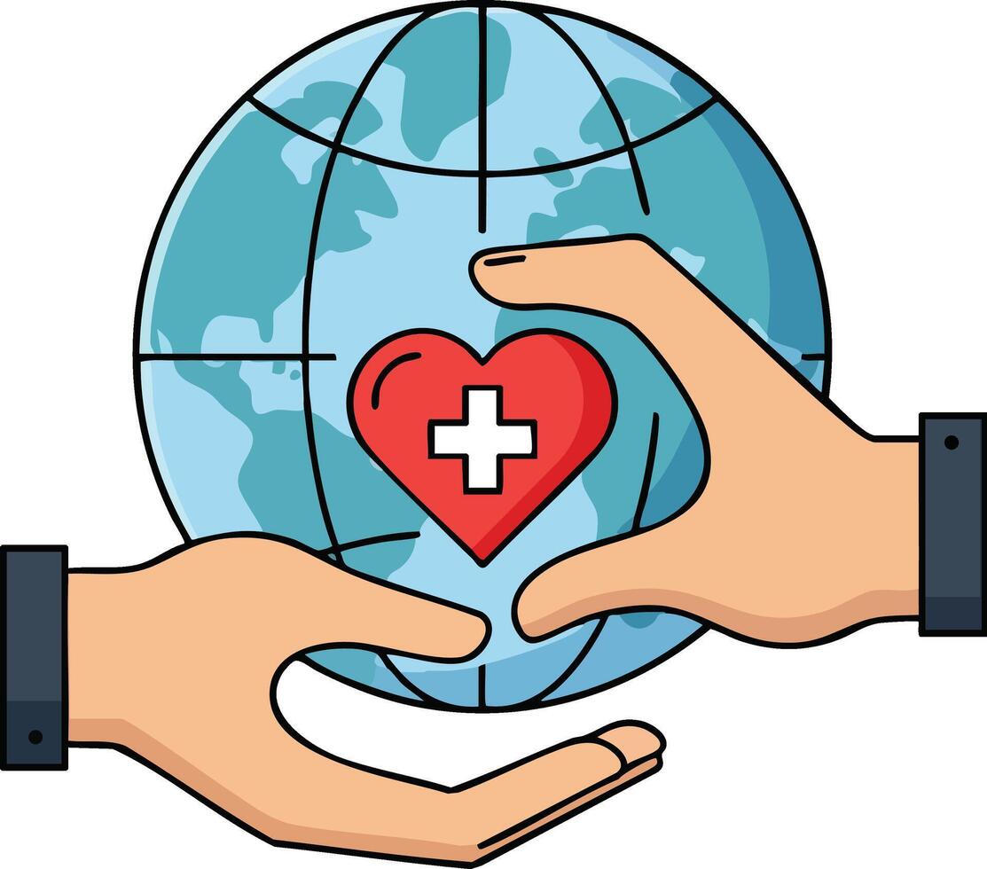 Hands Holding Heart with Medical Cross and Globe Symbolizing Global Healthcare and Medical Support Illustration vector