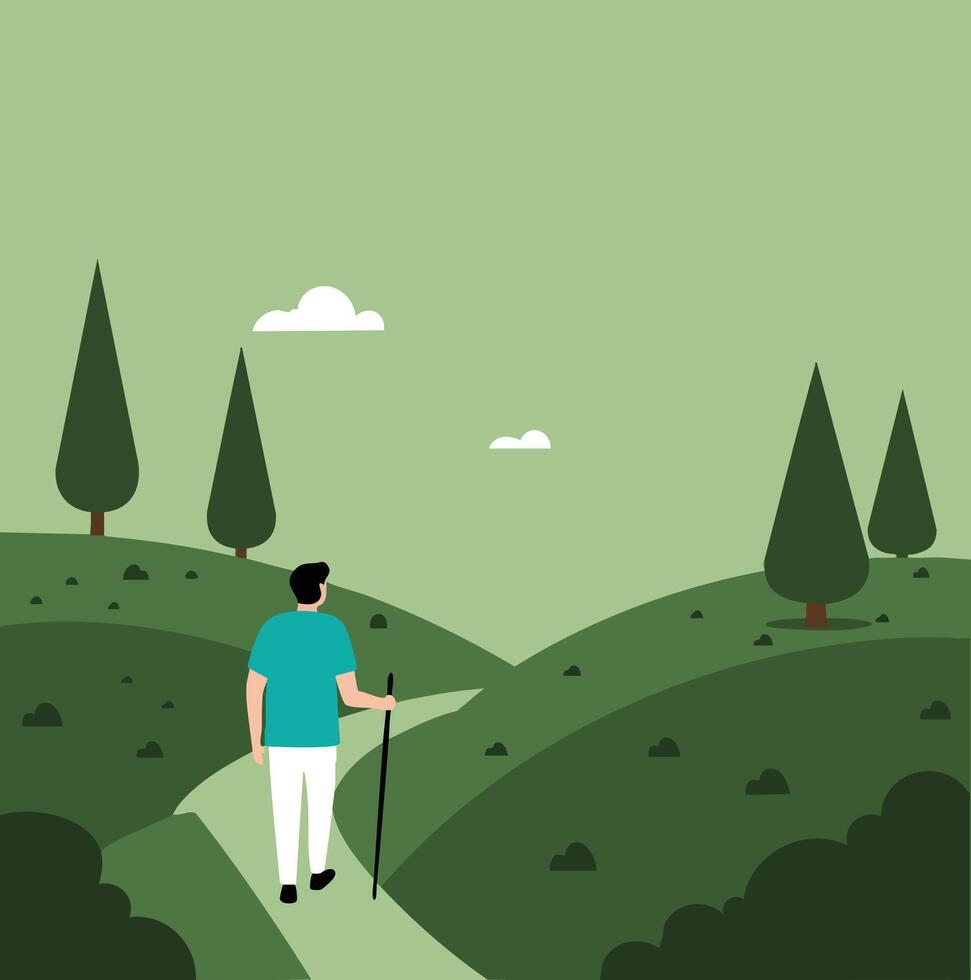 Man hiking through green hills with pine trees and walking stick scenic nature trail illustration vector