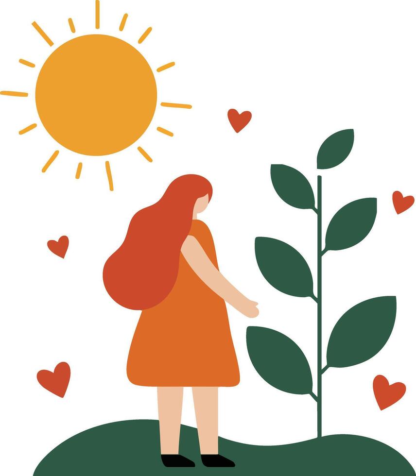 Woman with red hair standing near green plant under bright sun with red hearts nature and love illustration vector