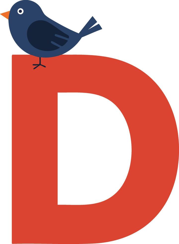 Blue bird perched on large red letter D simple illustration design for educational or decorative use vector