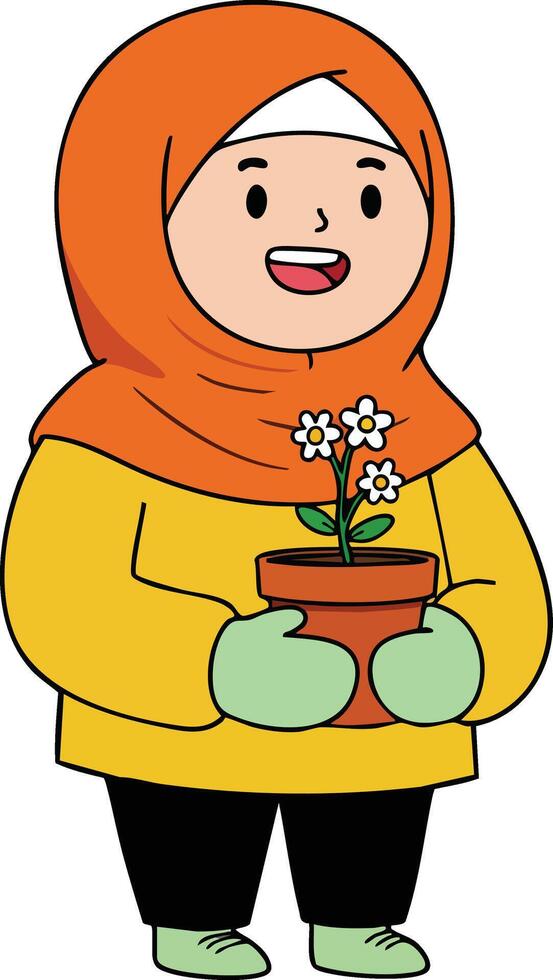 Child wearing orange hijab holding potted plant with white flowers in yellow jacket and gloves illustration vector