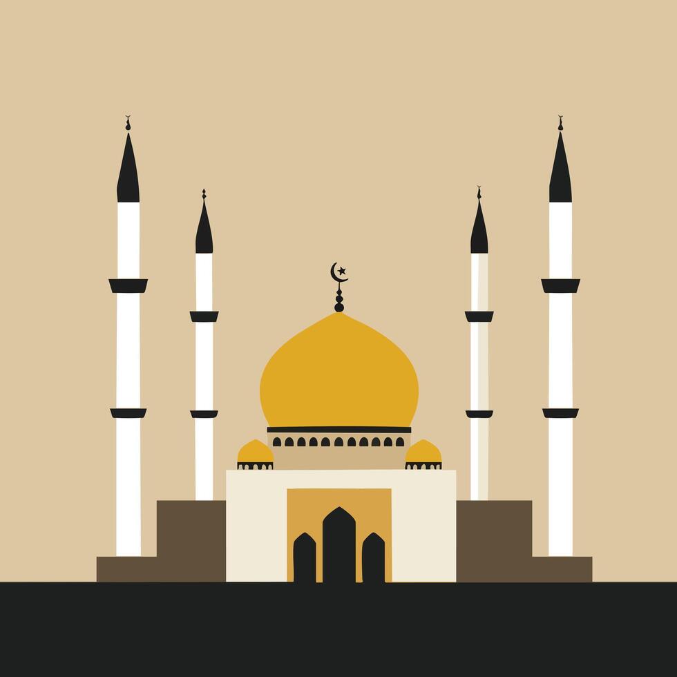 Mosque with golden dome and four minarets Islamic architectural illustration in simplistic style vector