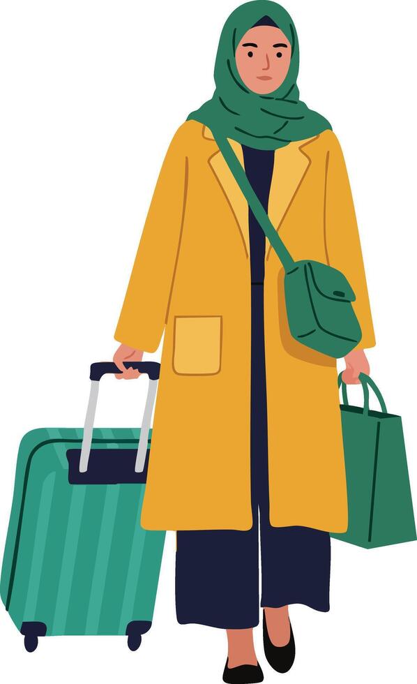 Woman in yellow coat and green hijab carrying luggage and shopping bag illustration for travel and lifestyle concepts vector